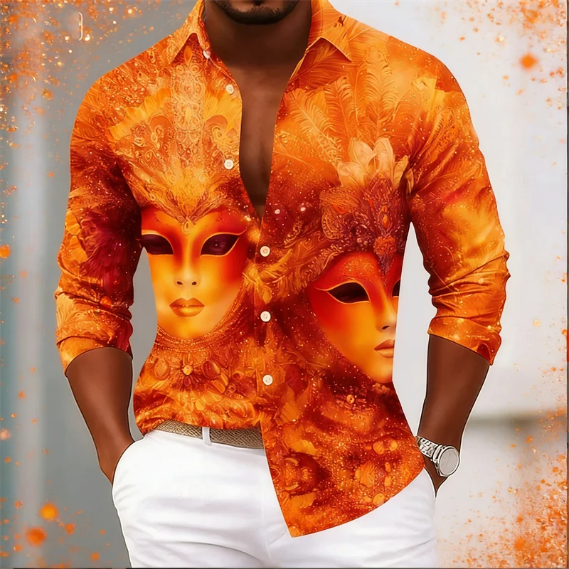 

Новая мужская этническая рубашка с 3D маской и принтом, модная рубашка, рубашка на пуговицах, повседневная рубашка с длинными рукавами, мужская уличная рубашка