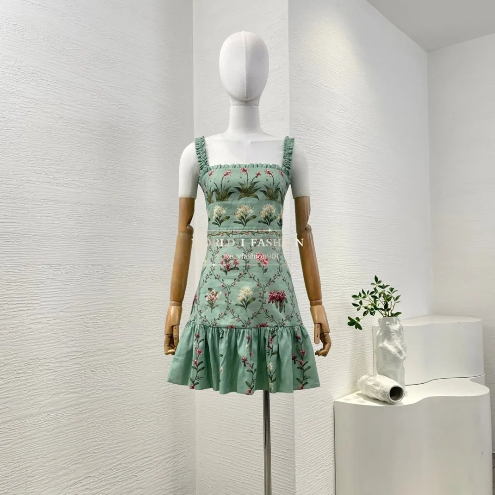 

Green Floral Embroidery Beading Sleeveless Pleat Mini Dress 2025 Linen