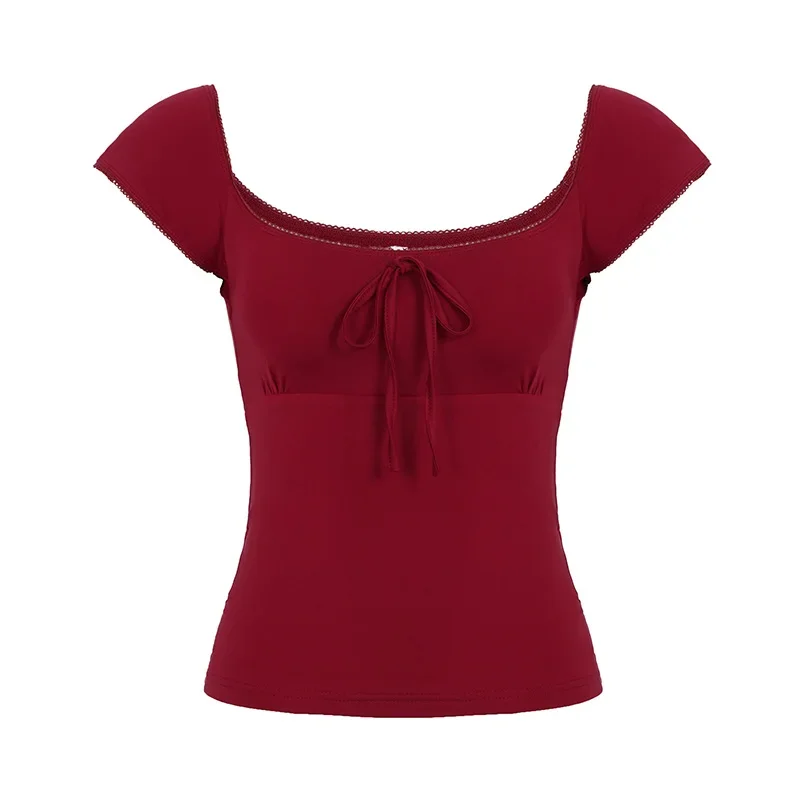 Y2K الأحمر أزياء الصلبة بسيطة الحلو النساء تي شيرت قصيرة الأكمام ضئيلة ساحة الرقبة شيك القوس السببية الأساسية البلوزات
