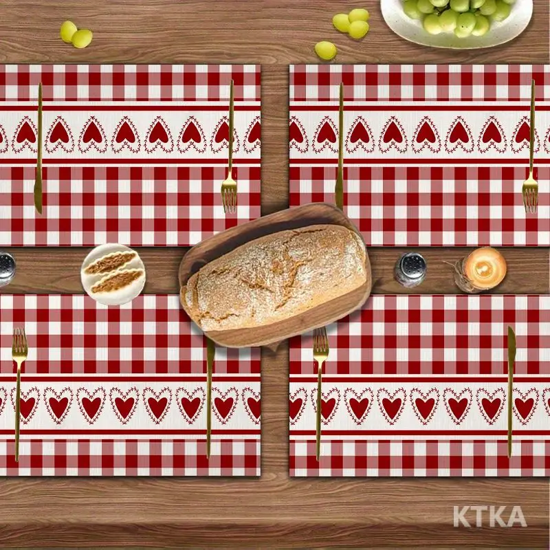 4Pcs, Red and White Checkered Heart-Shaped Placemats, Washable, Suitable for Holiday Parties, Home Decoration, Kitchen Countertops, Rectangular Dining Tables, Birthday Gifts, Housewarming Party Gifts