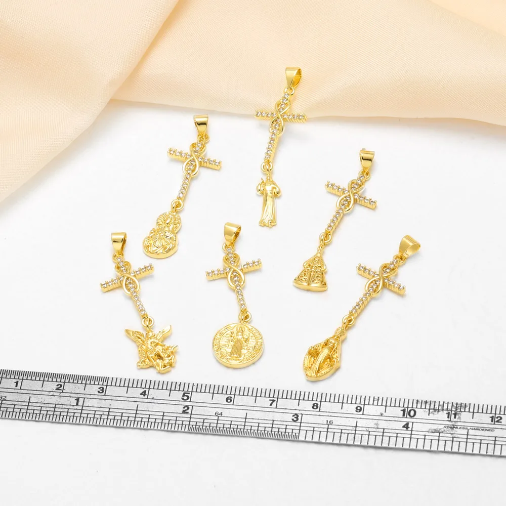 OCESRIO Crystal Cross Charms for Necklace Virgin Mary Gold Plated Copper Saint Benito Pendant Jewelry Making Supplies pdtb925