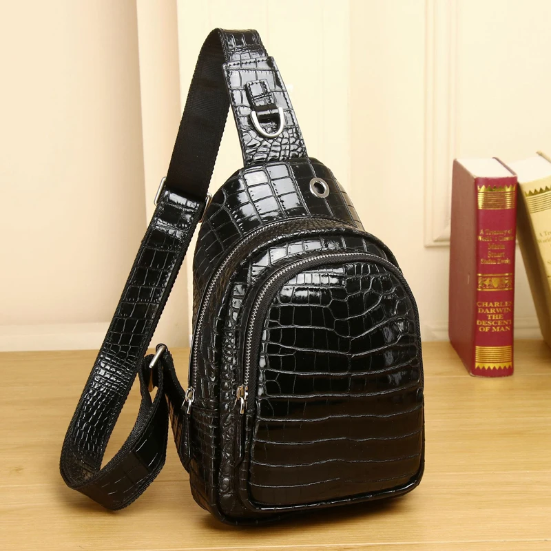 Men's Bag Crocodile Pattern Men's Chest Bag Genuine Leather Diagonal Straddle Bag Outdoor Chest Bag Fashion Men's Bag