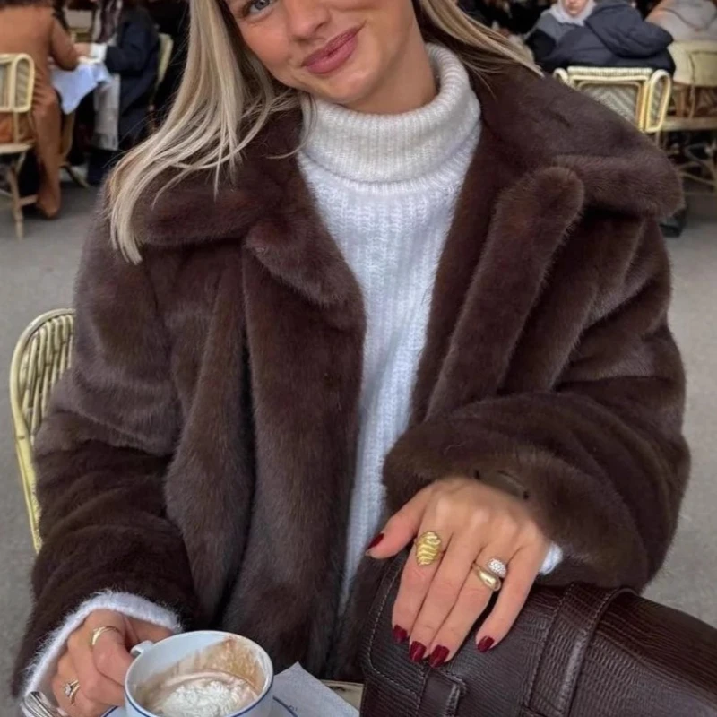 

Faux Mink Fur Coats Women Solid Short Fur Jackets Turn Down Collar Long Sleeve Open Stitch Thick Loose Casual 2025 Autumn Winter