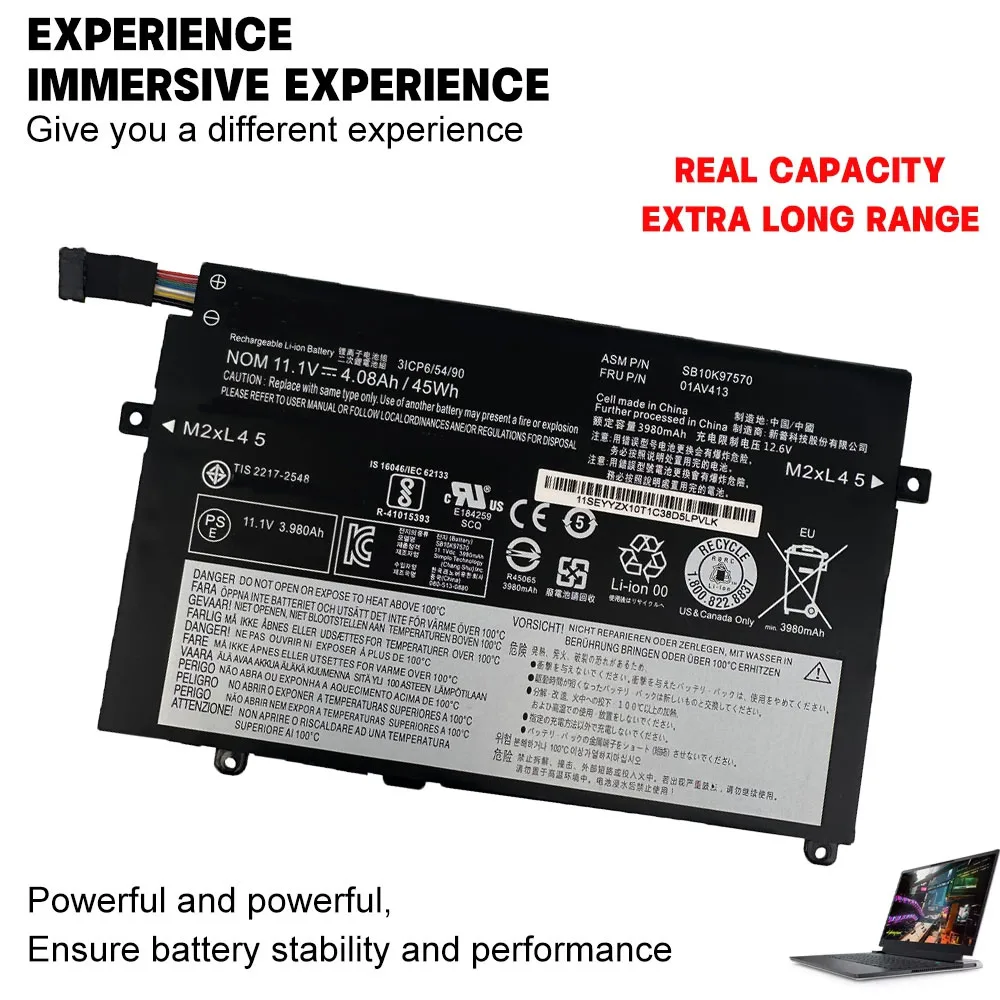 01AV413 01AV412 01AV411 SB10K97568/69/70 11.1V 45Wh 3980mAh Laptop Battery for Lenovo ThinkPad E470 E470C E475