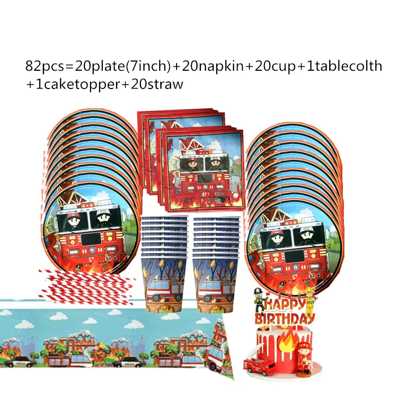 Fire Truck Birthday Party Decorations Kids Favor Fireman Firefighter Paper Cups Plates Baby Shower Disposable Tableware set Supp