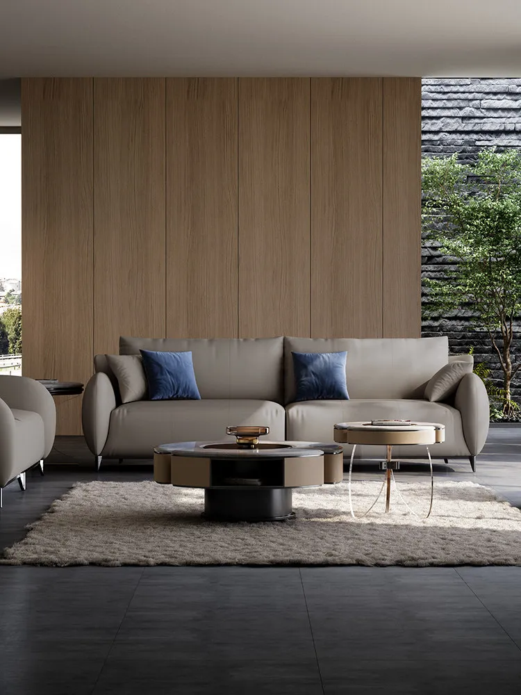 Leather sofa living room for three, designer villa straight row first layer cowhide art high-end sofa