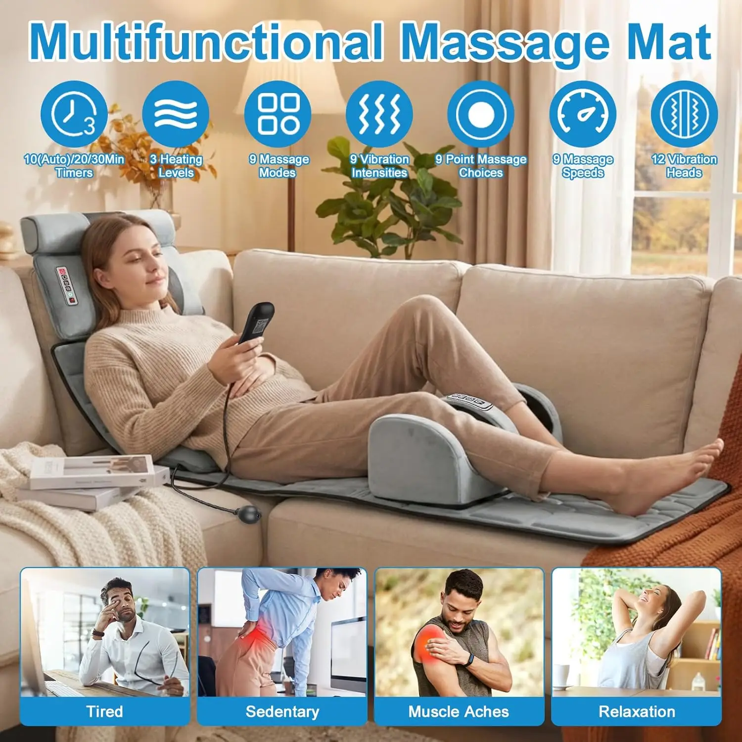Multifunctional Full Body Heated Massage Mat 10 Vibration Motors Back Neck Foot Massager with Lumbar Support Anti-Slip Bottom Earplugs Included for Bed Sofa Home Office Relaxation view 2