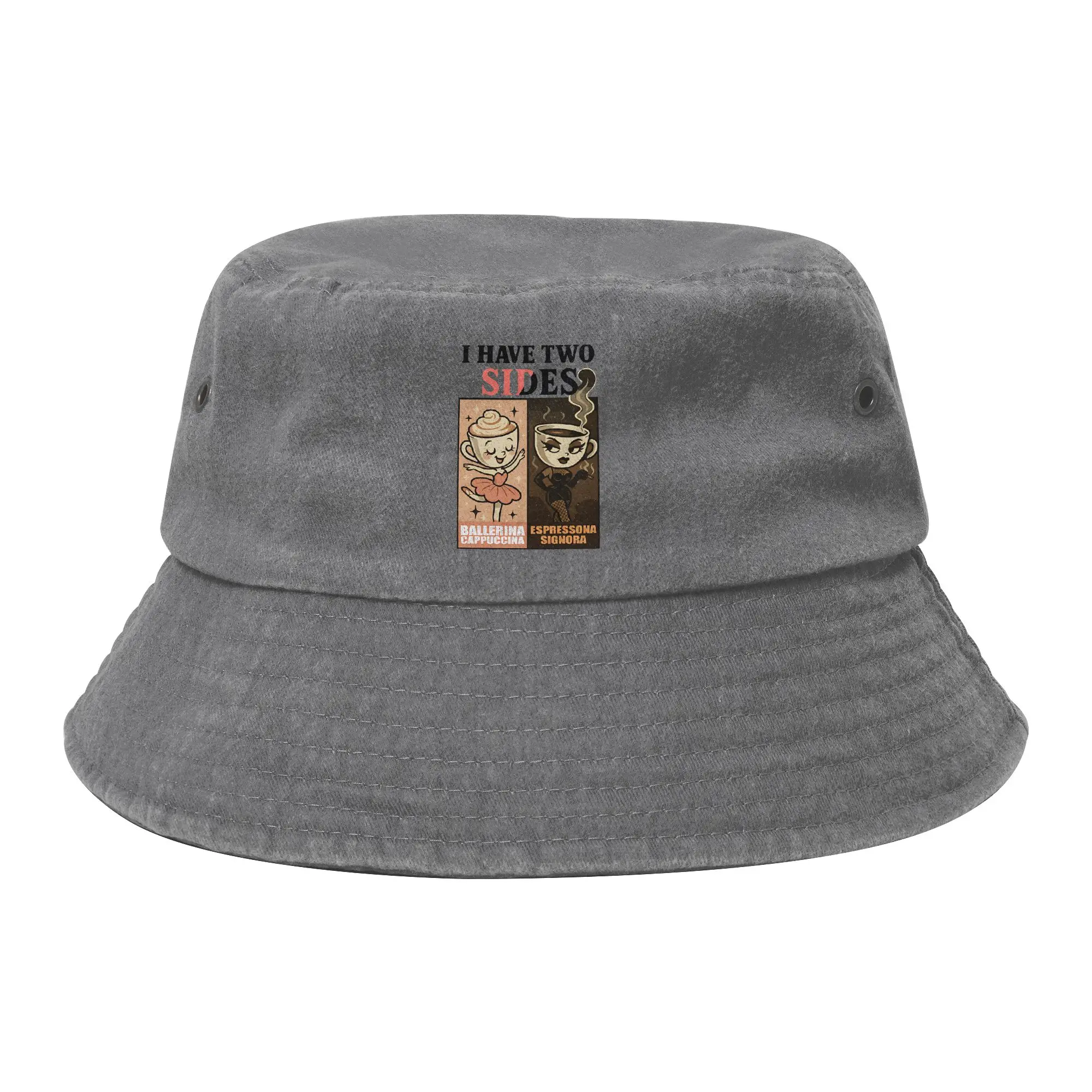 I Have Two Sides Ballerina Cappuccina Bucket Hats Teen Outdoor Brainrot Meme Distressed Denim Washed Fisherman Cap Travel Bob