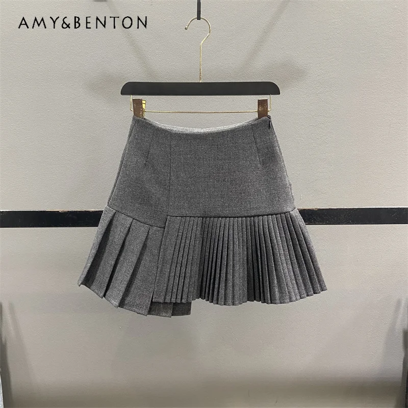 

Vintage Design Gray Irregular Slit Woolen Women's Skirt 2025 Autumn Winter Design High Waist A-line Pleated Short Skirts Ladies