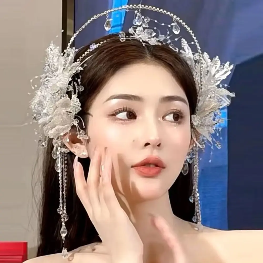 甘い妖精の花嫁クリスタルクラウンイヤリング宝石がちりばめられた輝くクリスタルヘアフープティアラ光沢のある高級ウェディングジュエリーセット女の子用