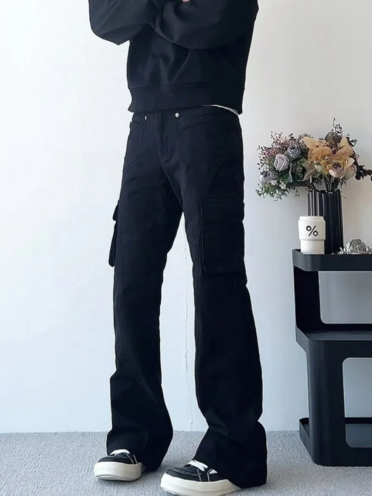 High Street Mens Casual Denim Pants Slim Fit Hip Hop Fashion Multi Pocket Flared Pants Cotton Solid Color Cargo Trousers Male