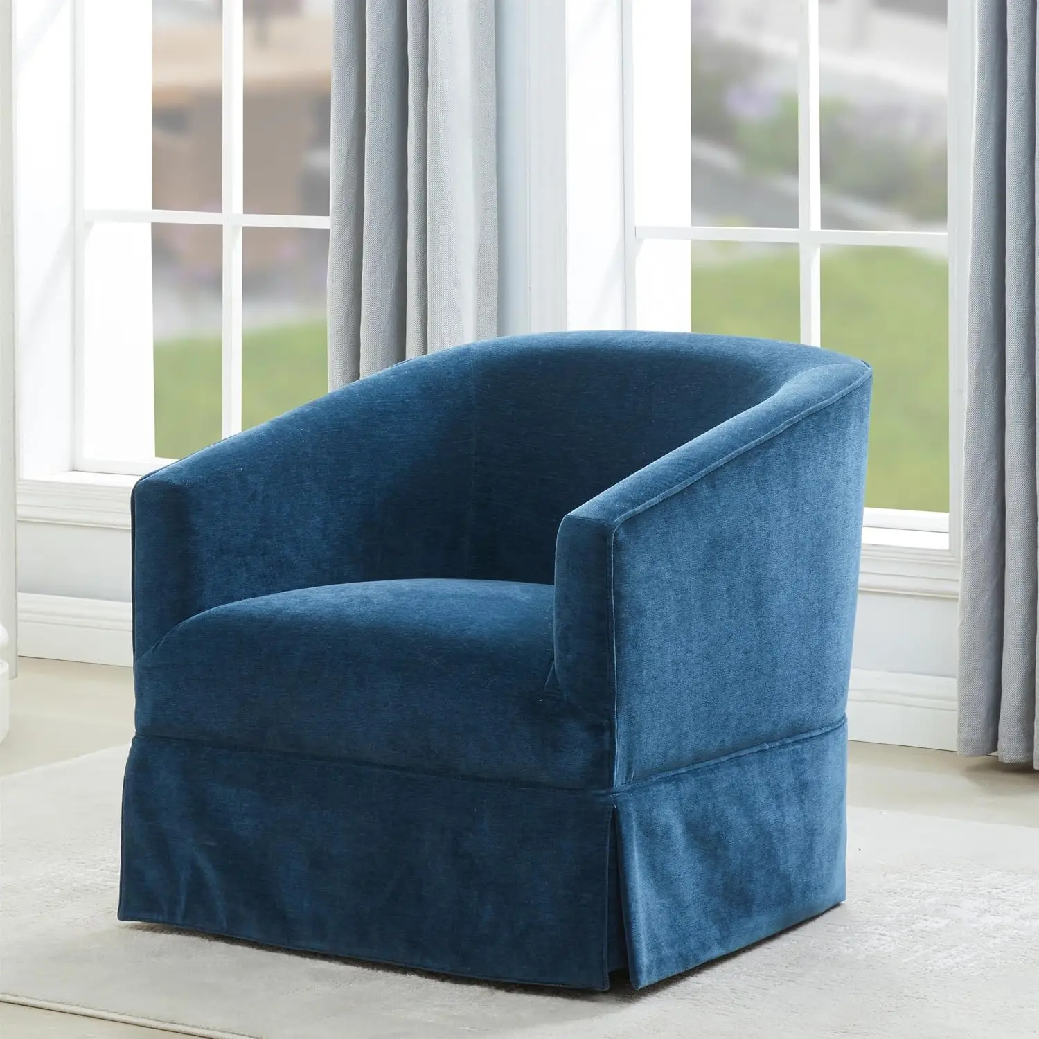 Skirted Swivel Accent Chair Velvet Upholstered Round Barrel Lounge Armchair 360° Rotation Metal Base Living Room Bedroom Office,
