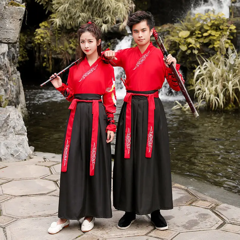 코스프레 고대 Hanfu 여성 의상 세트 무술 의상 쇼 커플 Hanfu 남성 의상 의류 쿵푸 2 조각 세트 여성