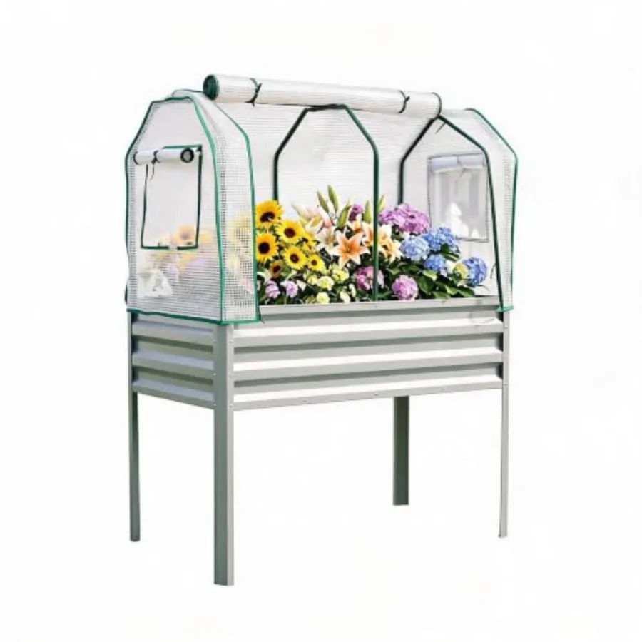 Elevated Raised Garden Bed with house Cover Galvanized Metal Planter Box with Legs, Netting Cover for Outdoor Gardening, Backya