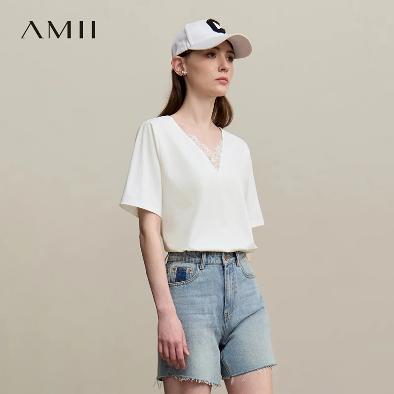 Amii Women's T-Shirt 2026 Summer New Lace V Neck Cutout Back Cotton Tee Stretch Short Sleeve Loose Women's Tee Shirt 12622096