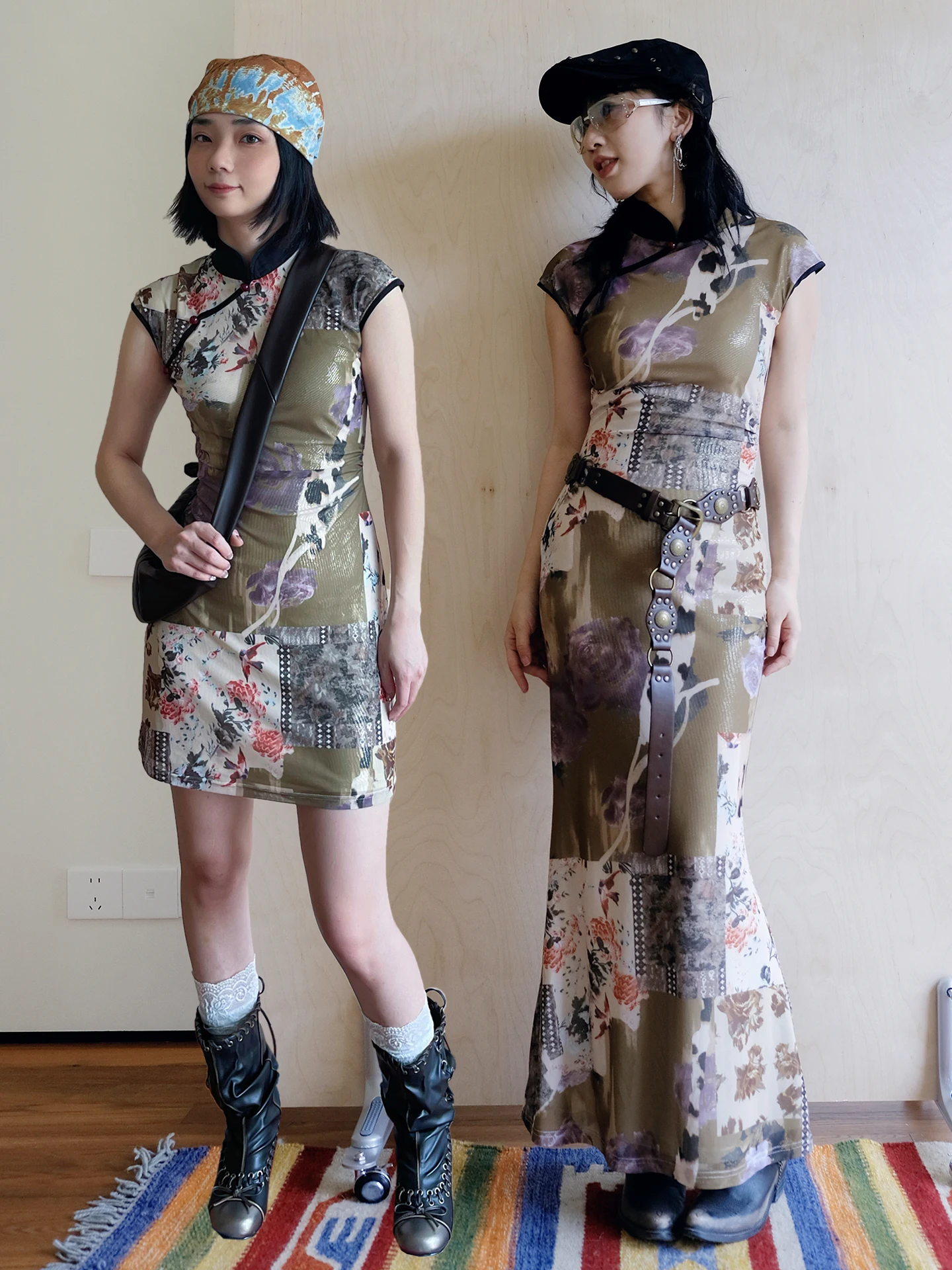 

Original Vintage Floral Patchwork Shiny Wave Dress Breathable Short Sleeve Long Skirt Length Daily Wear Summer Dress