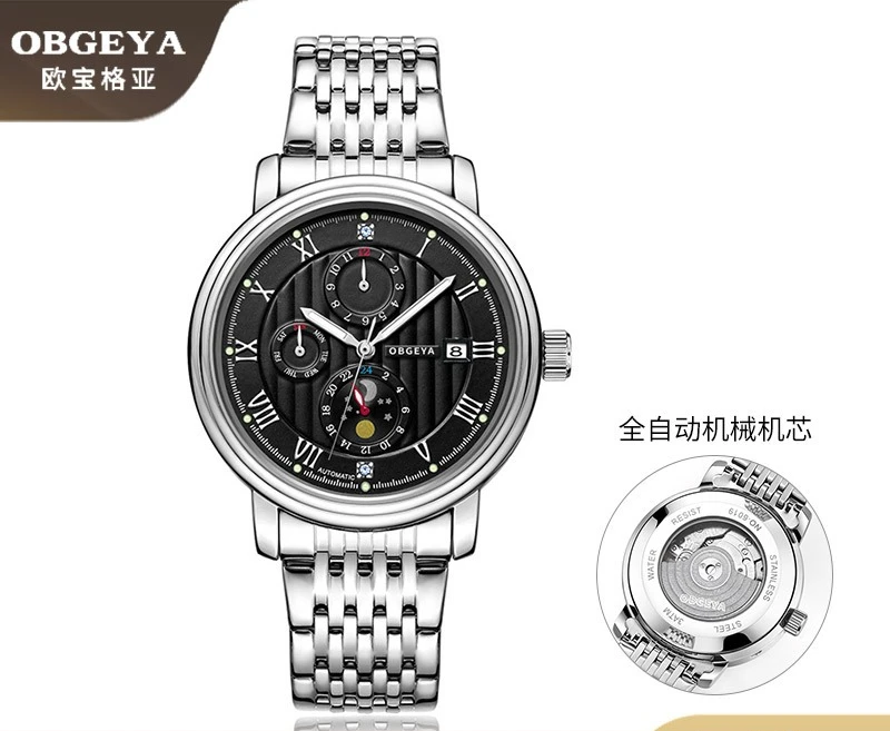 

Oubogea Men's Watch - Automatic Mechanical, Stainless Steel Band, Multi-Functional