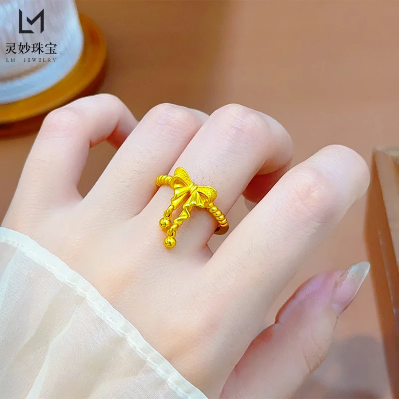 

9999 24K real gold luxury jewelry bow ring matte solid twist ring sweet and cute gift for girlfriend