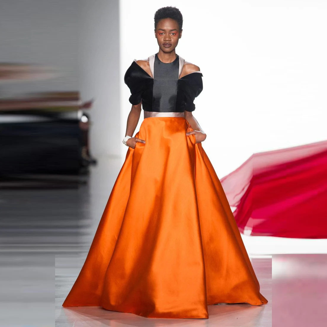 

Orange Satin Long Skirts Women Wedding Party Formal Wear Lady High Waist Satin Skirt High Split A Line Skirts With Pockets