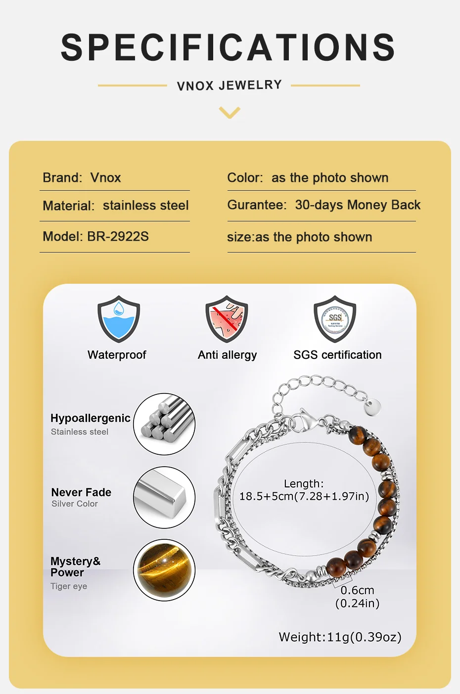 Vnox Herren Tigerauge-Perlen Kubanische Kette Armbänder, Edelstahl Gliederarmband Steinschmuck Geschenk für Vater Papa Ehemann Sohn Ihn – Detail 4
