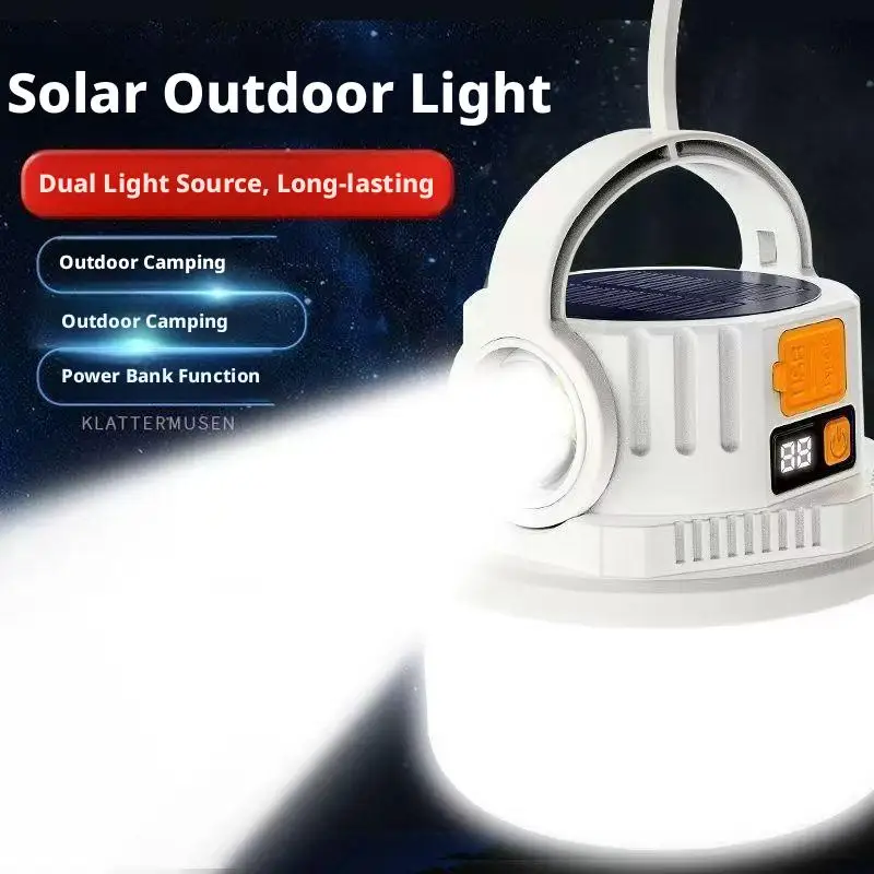 Portable LED Camping Lamp Solar Rechargeable Dual Light Outdoor Lantern with Power Bank Digital Display for Emergency Hiking