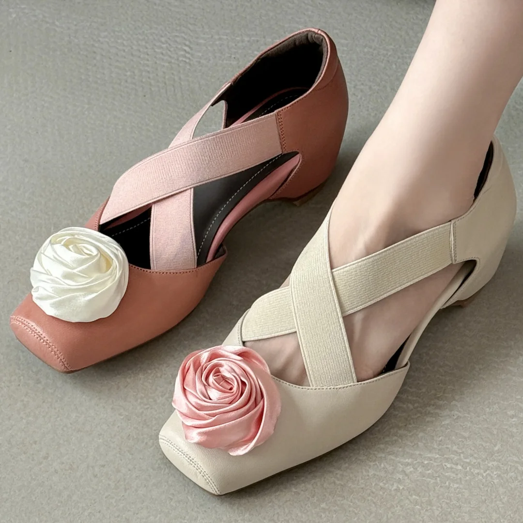 

danxuefei women's sheepskin square toe elastic band cross strap slip-on pumps flower decoration 5cm wedge med heel dress shoes