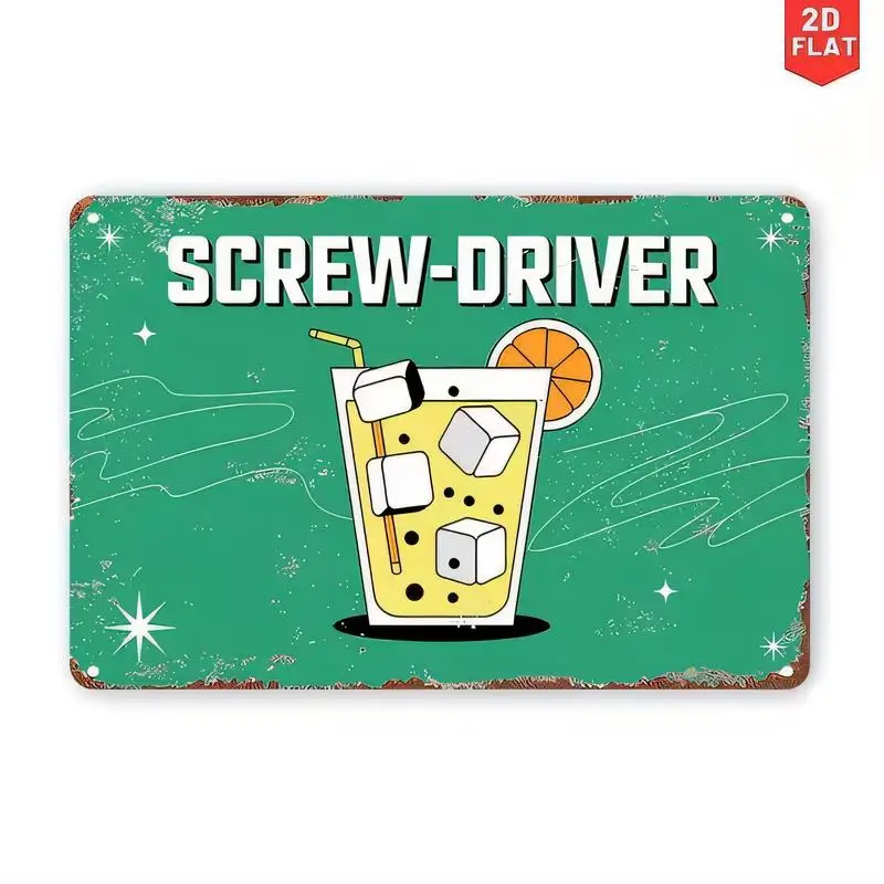 2D Flat Screw - Driver Cocktail Vintage Metal Sign, Retro Green Wall Art (Ice, Orange, Straw) - Iron, 12x8 Bar/Kitchen/Home Deco