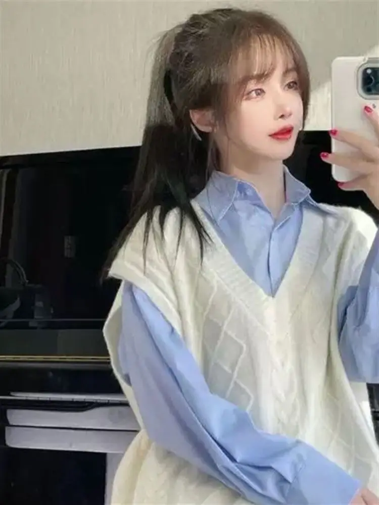 

Sweet Style Knitted Sweater Vest Set V-Neck Twist Blue Shirt Women's Long Sleeve Top Bottom Two-Piece Ensemble College Trend
