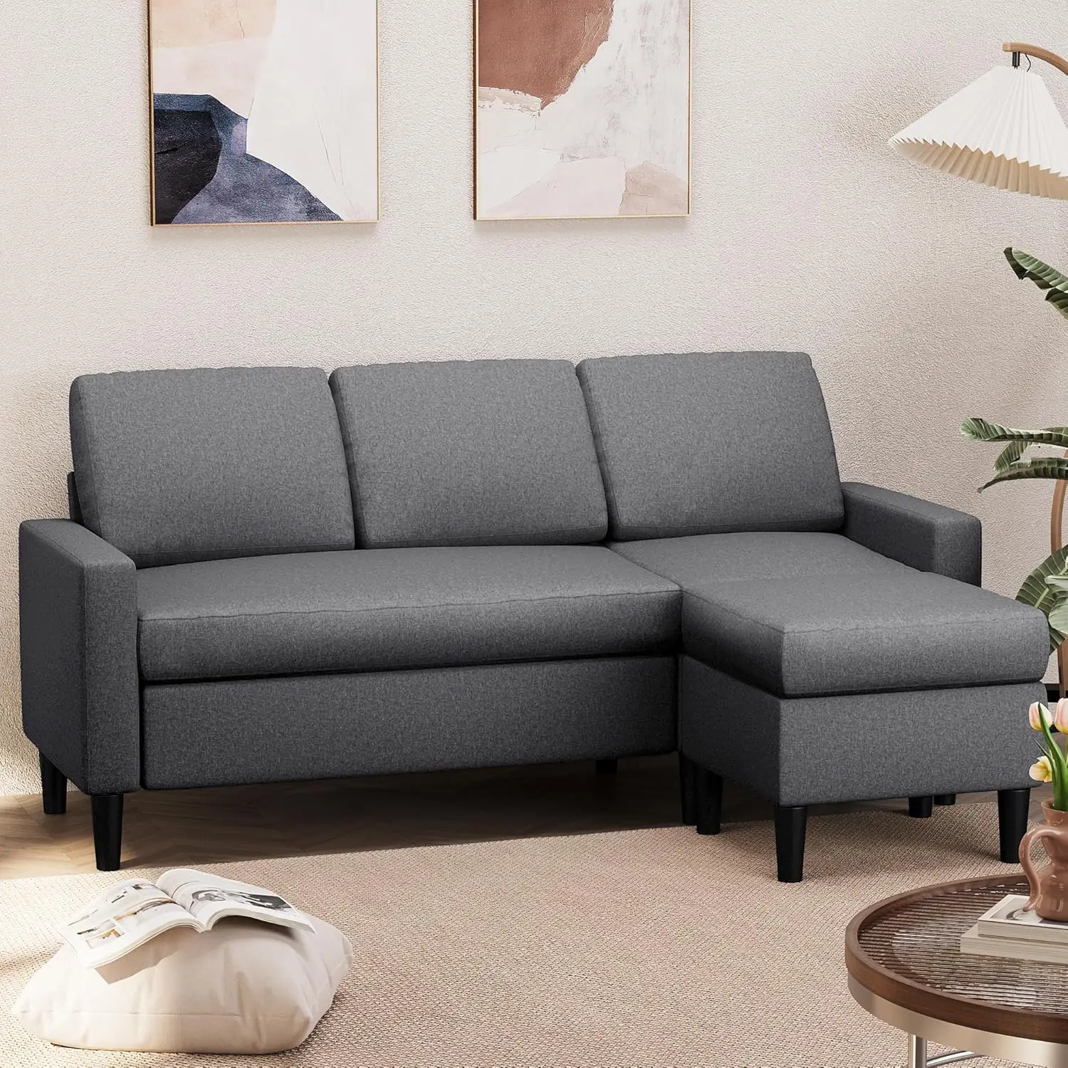 74"Convertible Sectional Sofa Couch,Small 3-Seat L-Shaped Sofa with Modern Linen Fabric Upholstered,Space-Saving Sofa(Dark Gray)