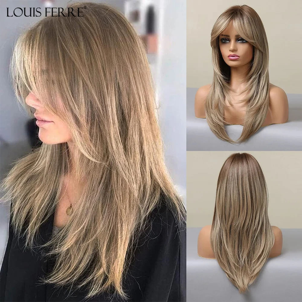 LOUIS FERRE Long Straight Synthetic Wigs With Bangs Ombre Honey Brown to Blonde Wig for Women Daily Use Heat Resistant Fake Hair