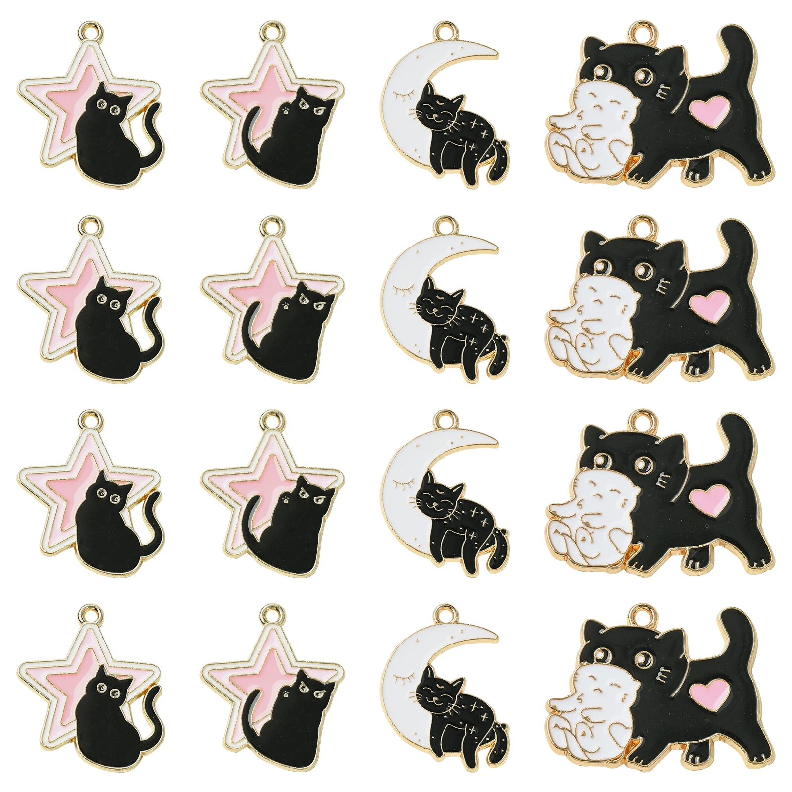 Pandahall 16Pcs 4 Styles Black Magic Cat Charms Cute Animal Pet Pendants Enamel Black Cat Charm for Party Jewelry Making DIY