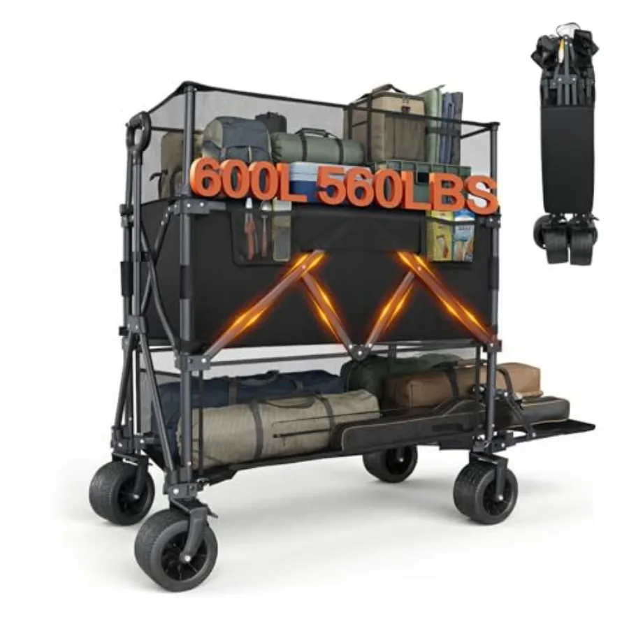 

Heavy Duty Foldable Collapsible Wagon Cart with Retractable Mesh and Tailgate for Camping Beach Groceries Sports Black 560Lbs L