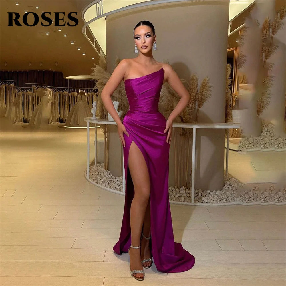 ROSES Fuchsia Stain Elegant Sexy Wedding Party Dress Side Split Celebrity Dress Sleeveless Special Occasion Dress robes du soir