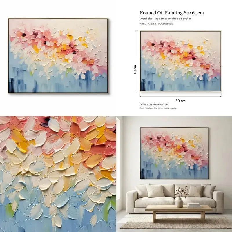 80X60 cm overall hand-painted oil painting framed pink and white thick painting flower mural suitable for living room