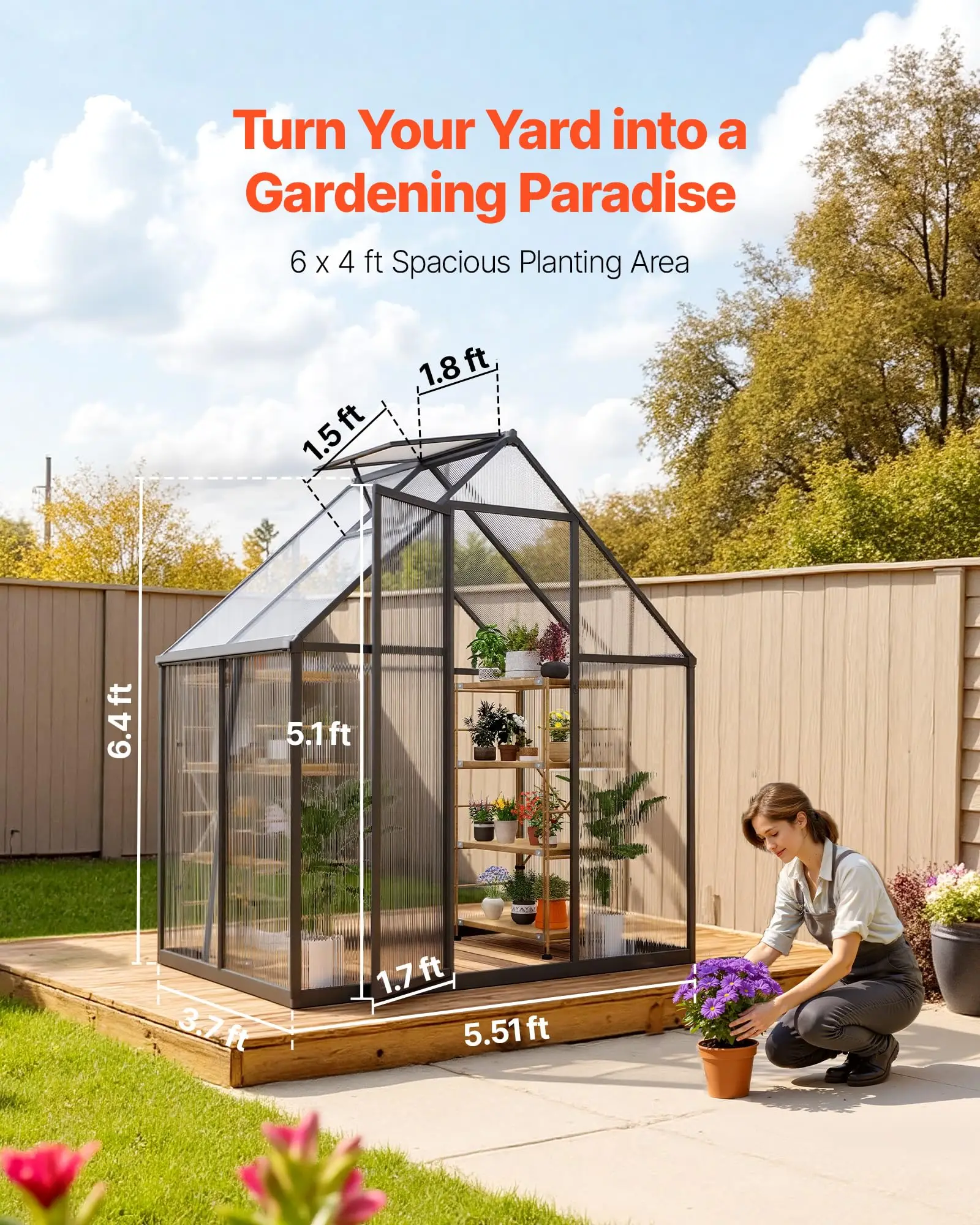6 x 4 FT Polycarbonate Greenhouse, Heavy Duty Outdoor Green House with Adjustable Vent & Push-Pull Lockable Door, Quick