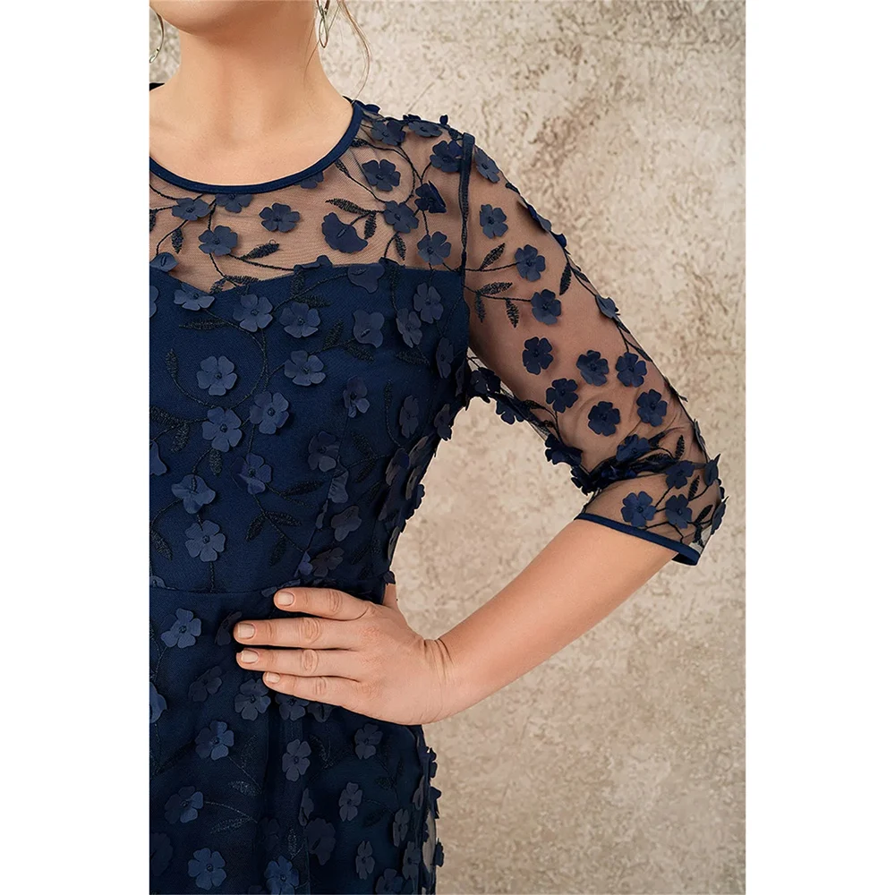 Plus Size Mother Of The Bride Navy Blue Mesh Stereo Flowers Tunic Maxi Dress Round Neck Long Dress