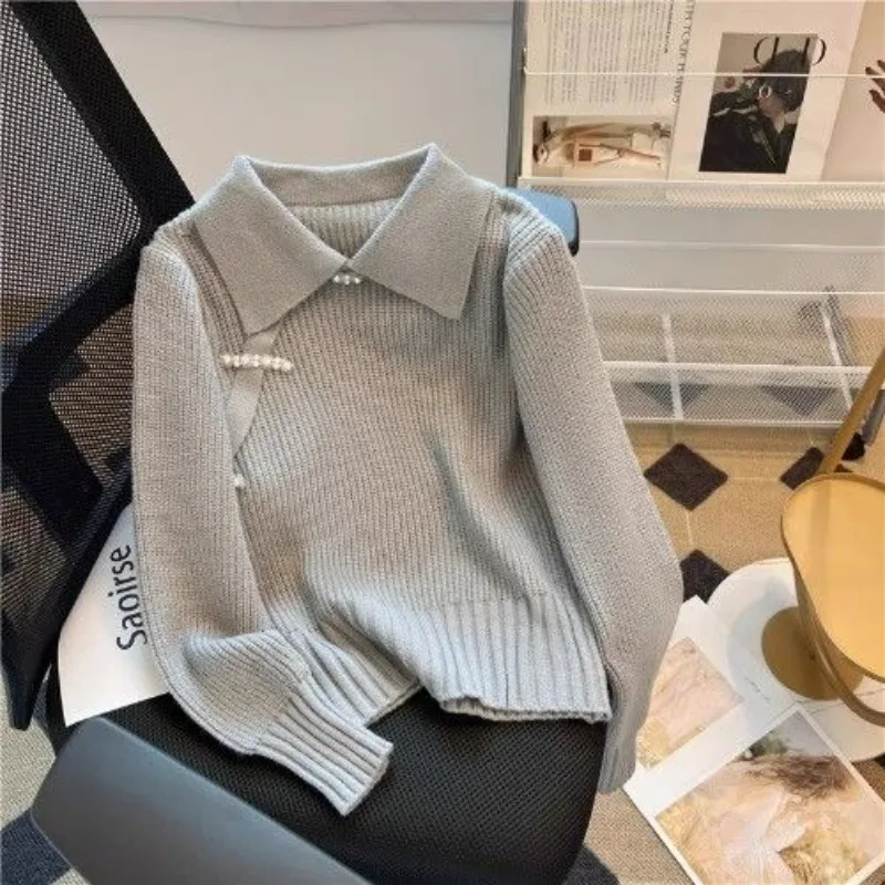 Chinese Style Buttons Elegant Sweater Solid Color Turn-down Collar Knitwear Ladies Autumn Temperament All-match Knitting Tops