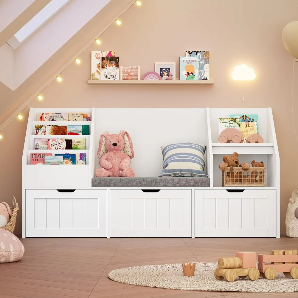 55.1’’ Kids Bookshelf with Reading Nook, Toy Storage Organizer with Seat Cushion and 3 Movable Drawers, Kids Reading Nook image 5