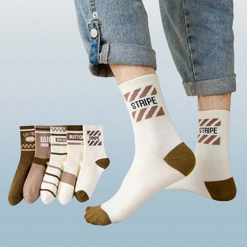 Chaussettes mi-tube en coton doux pour hommes et femmes, série Street, chaussettes de sport simples, haute qualité, mode, 5/10 paires