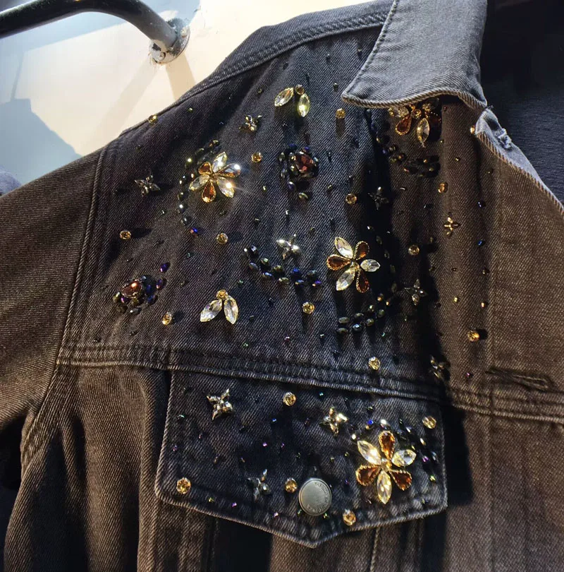 European Station 2023 Autumn New Exquisite Rhinestone Beaded Flower Denim Jacket Loose Slim Long Sleeves Jean Coat Women's Top