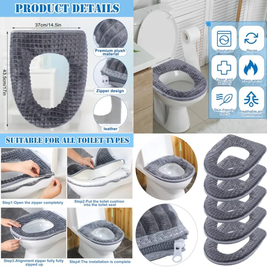 

5 шт. мягкие накладки на сиденье унитаза для ванной комнаты, более толстые, теплые, моющиеся накладки на сиденье унитаза с застежкой-молнией, многоразовые, подходят для большинства S