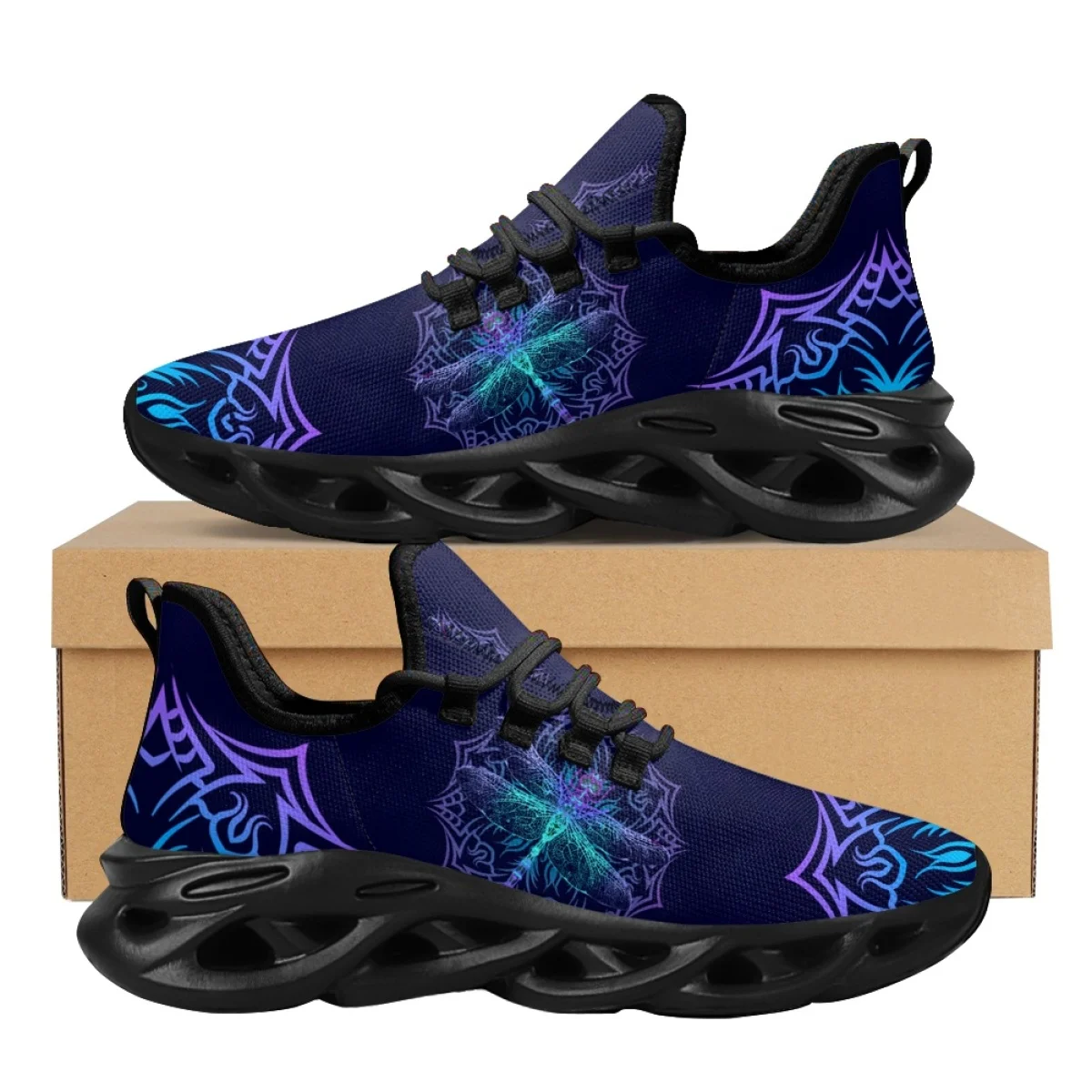 INSTANTARTS Lightweight Lace-up Platform Shoes Dark Purple Mandala Dragonfly Printed Mesh Sneakers for Women Shock Absorption