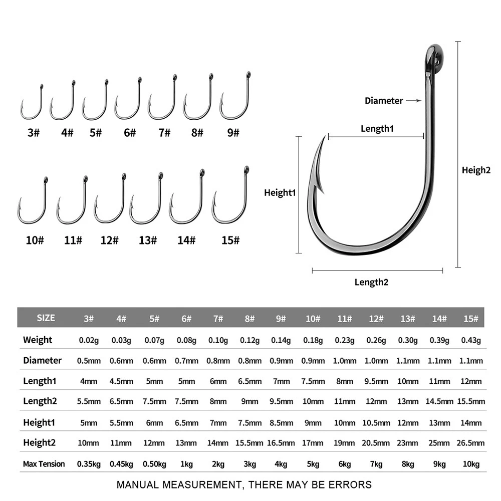 Inline Circle Hooks Saltwater Fishing Catfish Hooks 100pcs Colsed Eye for Bass Salmon Striped Size 3#-15# Bait Assistant Hooks