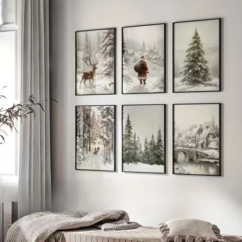 

6pcs Retro Christmas Tree Print Winter Wall Art Santa Claus Canvas Poster Wall Print Nordic Christmas New Year Gift Decoration