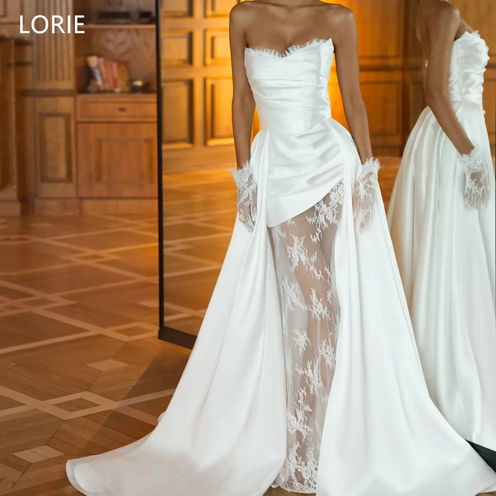 

LORIE Elegant Strapless Satin Wedding Dresses Lace Pleated Sheath Vestidos De Novia A-Line Long Train Bridal Gowns Customized