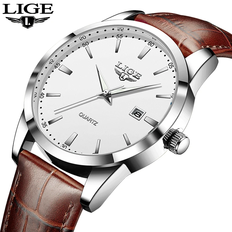 ساعة كوارتز أصلية من LIGE 2025 للرجال فاخرة كلاسيكية مقاومة للماء بحزام جلدي بسيط لتقويم الأعمال للرجال reloj