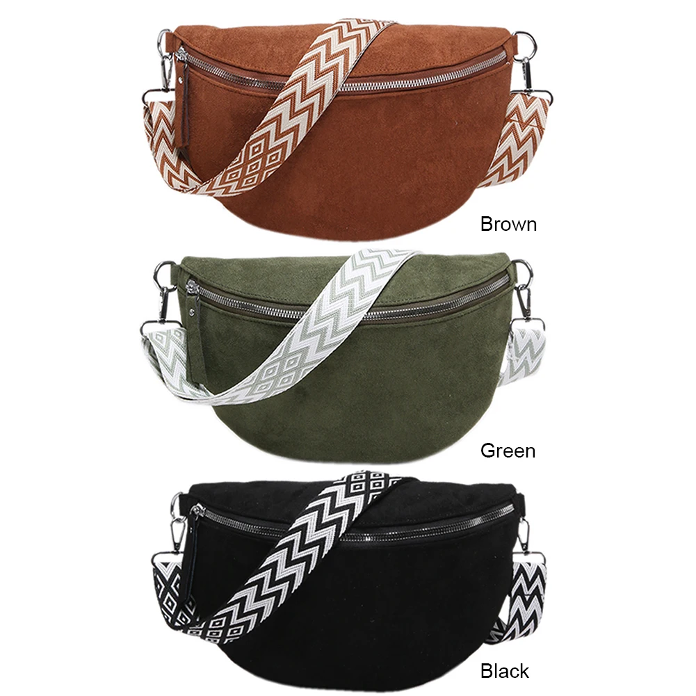 Wide Patterned Strap Shoulder Bag Women Faux Suede Chest Bag Solid Color Waist Bag Sling Bag for Work Travel