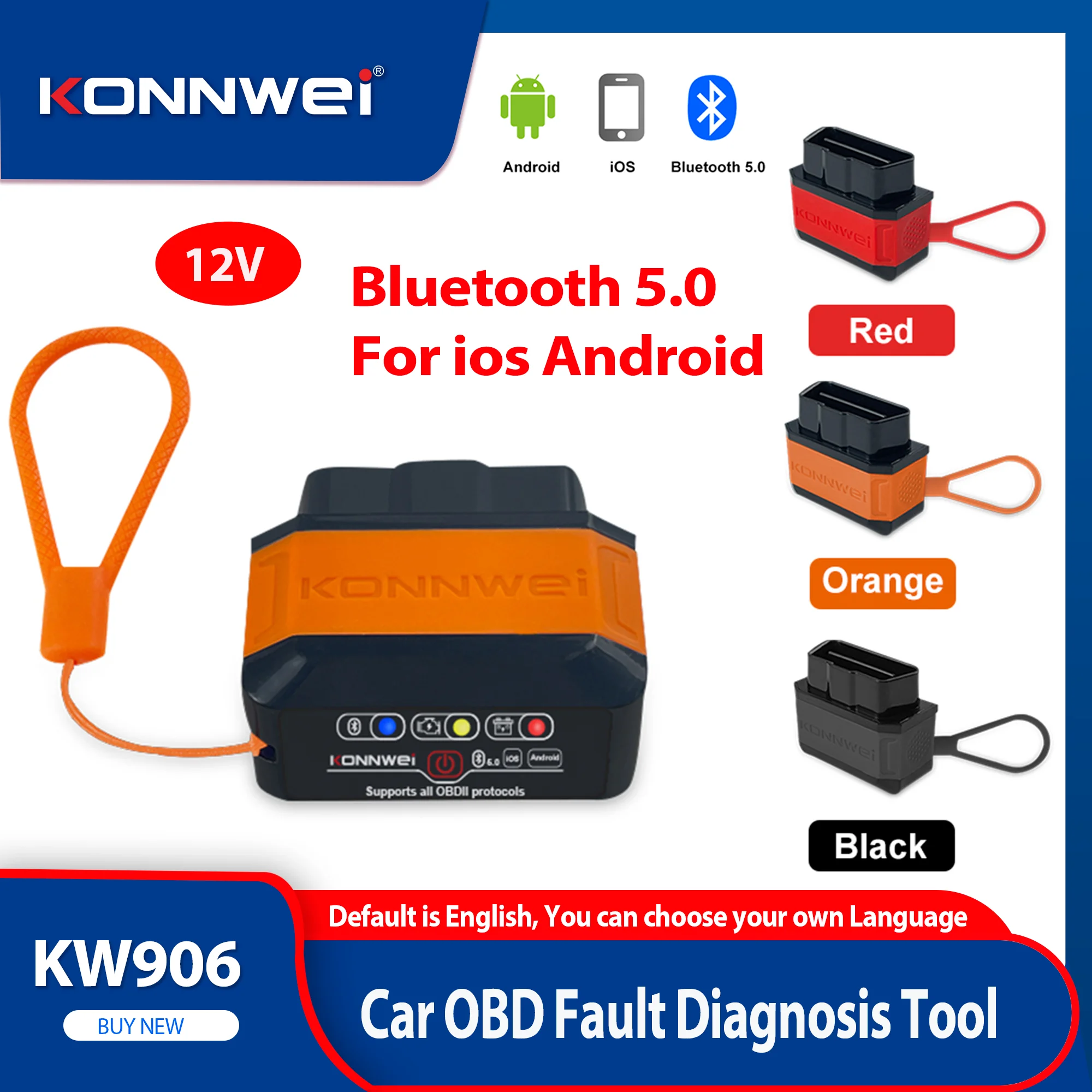 2026 KONNWEI KW906 ELM327 12V Bluetooth 5.0 for IOS Android V1 5 OBD2 Scanner Auto Car Diagnostic Tool Code Reader pk Vgate ICA2
