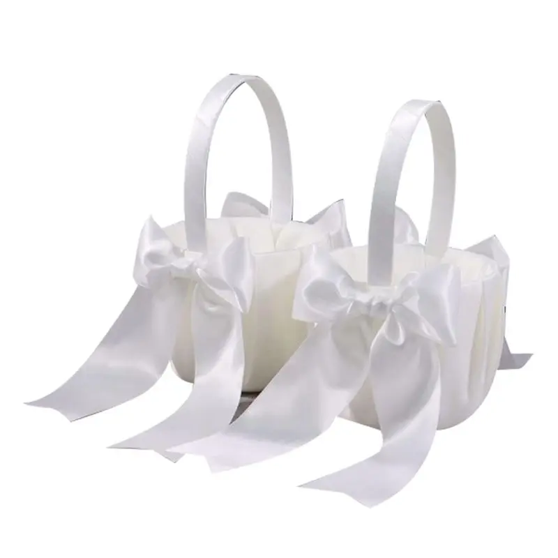 J1UL1N 2 Piece White Flower Girl Basket Wedding Basket For Flower Girls Cute Satin Flower Girl Basket