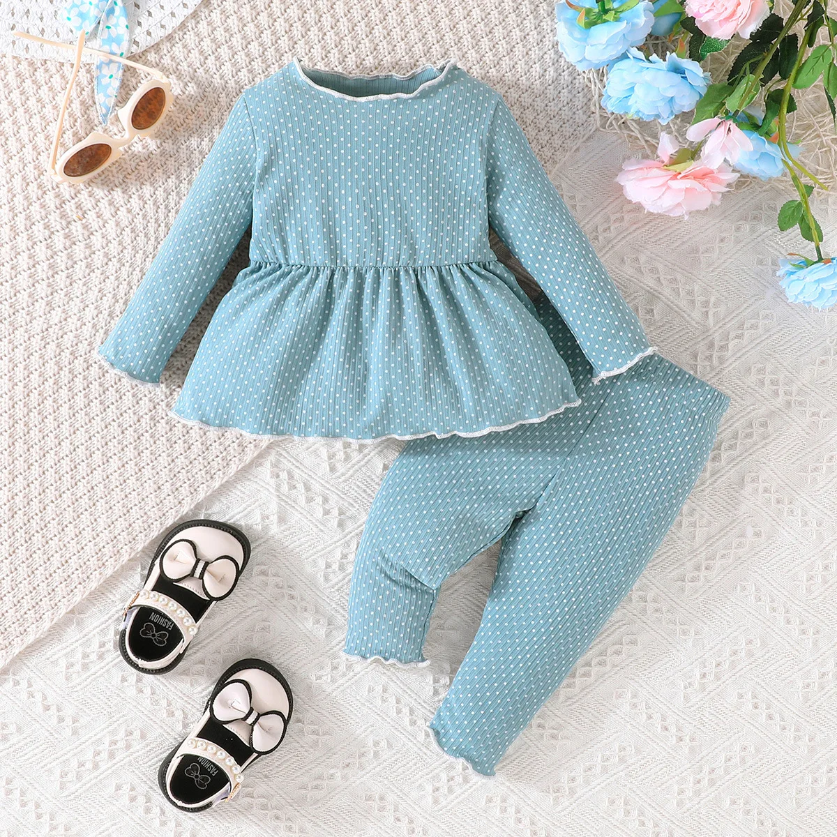 

New Winter Children Sets Cute Long Sleeve O Neck Ruffles Dot Blue Pants 2 Pcs Roupa Infantil Menina Clothes Sets 0-2T